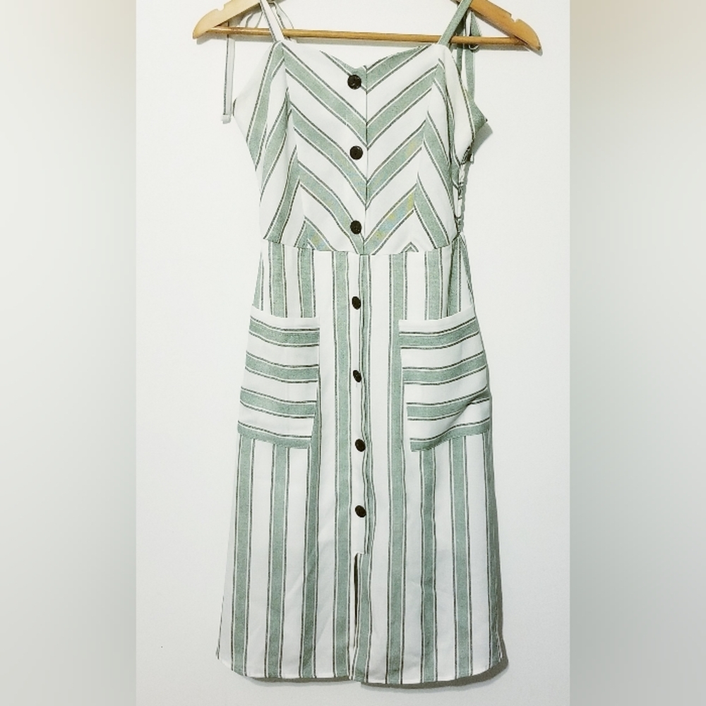 Monteau Olive White Chevron Stripe Shoulder Tie Midi Dress Size S Cottagecore